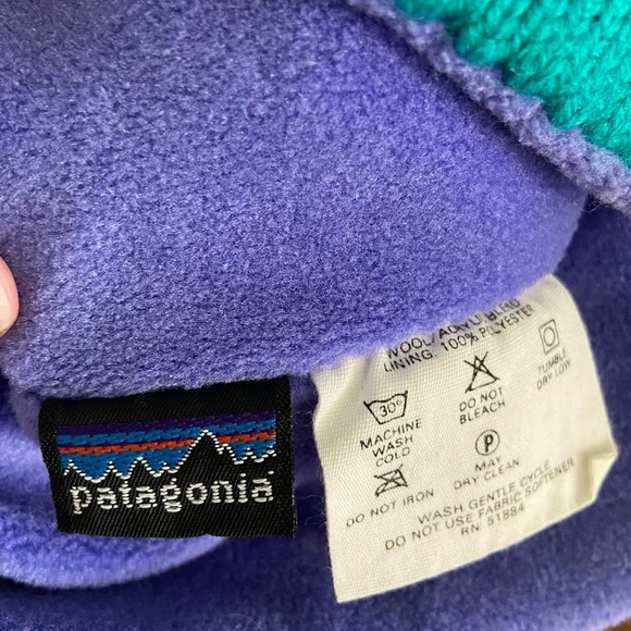 Vtg Patagonia Adult Beanie Green Multi Knit Fleece Geometric Wool Blend 80s 90s - Picture 7 of 9